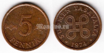 монета Финляндия 5 пенни 1974 год