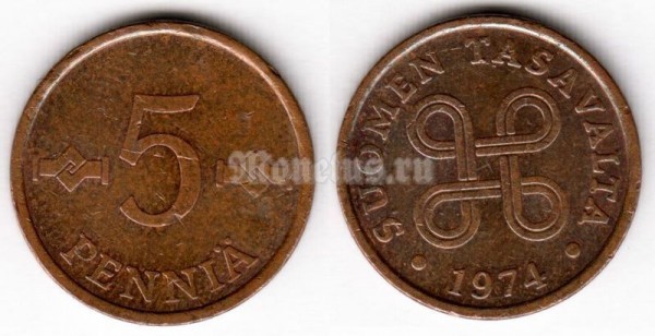 монета Финляндия 5 пенни 1974 год