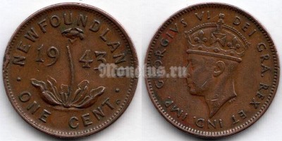 монета Ньюфаундленд 1 цент 1943 год - Георг VI
