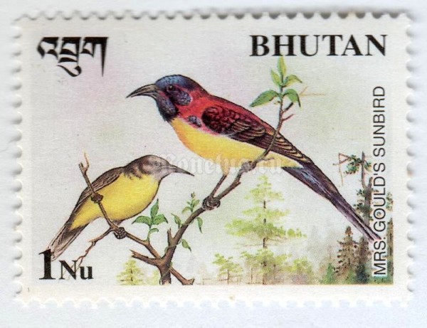 марка Бутан 1 нгултрум "Mrs. Gould's Sunbird (Aethopyga gouldiae)" 1998 год