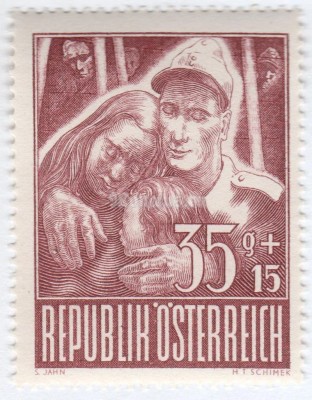 марка Австрия 35+15 грош "Returning home to the family" 1947 год