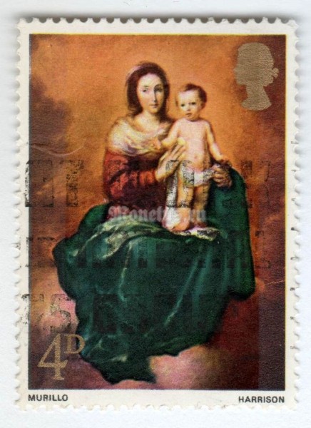 марка Великобритания 4 пенни "Madonna and Child (Murillo)" 1967 год Гашение