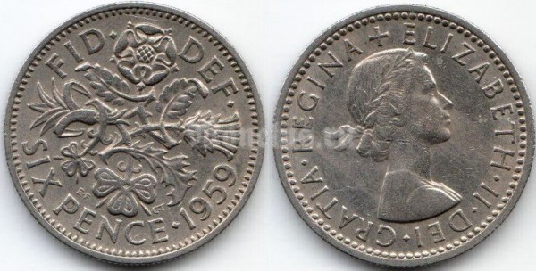 монета Великобритания 6 пенсов 1959 год