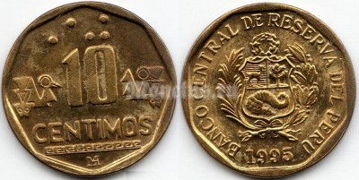 монета Перу 10 сентимо 1995 год