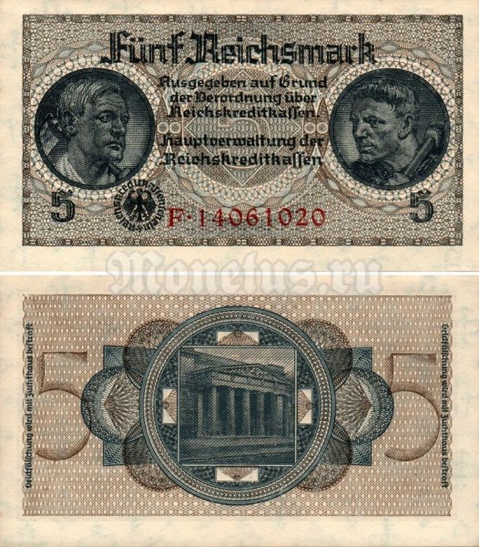 банкнота Германия 5 рейхсмарок 1940-1945 год