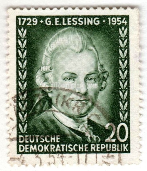 марка ГДР 20 пфенниг "Lessing, Gotthold E." 1954 год Гашение