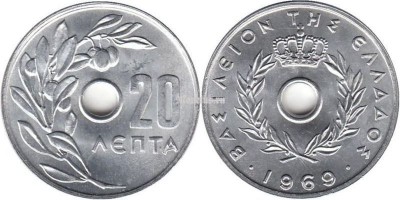 Монета Греция 20 лепта 1969 год