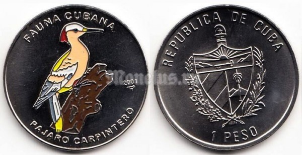 монета Куба 1 песо 2001 год Карибская фауна - Кубинский зелёный дятел. Цветная эмаль