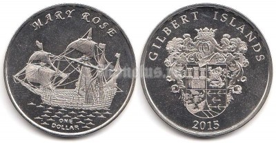Монета Острова Гилберта 1 доллар 2015 год Английский парусный корабль Mary Rose