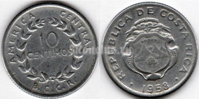 монета Коста Рика 10 сентимо 1958 год