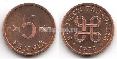 монета Финляндия 5 пенни 1976 год