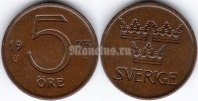 монета Швеция 5 эре 1973 год