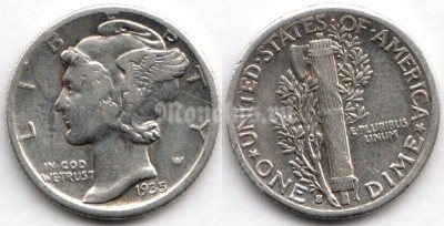 монета США 10 центов (1 дайм) 1935 год - Mercury Dime