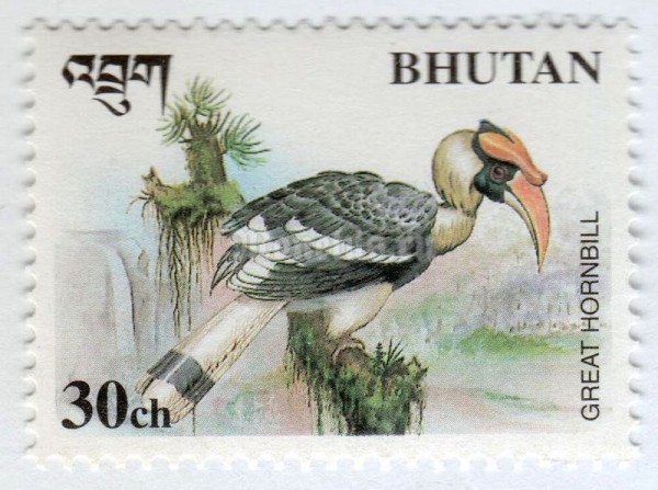 марка Бутан 30 чертум "Great Hornbill (Buceros bicornis)" 1998 год