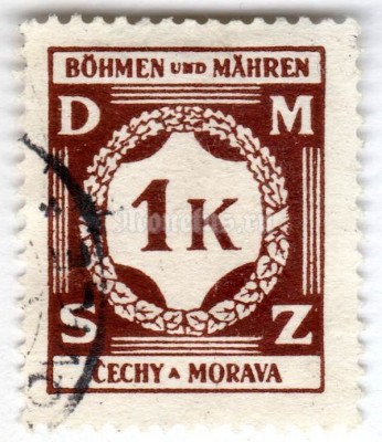 марка Богемия и Моравия 1 крона "Value in a laurel wreath" 1941 год Гашение