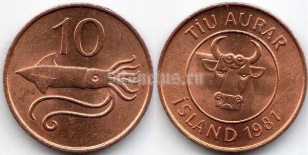 Монета Исландия 10 эйре 1981 год