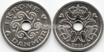 монета Дания 1 крона 2001 год