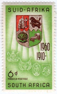 марка Южная Африка 6 пенни "Coat of arms of the four provinces of the Cape of Good Hope," 1960 год