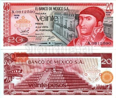 бона Мексика 20 песо 1977 год