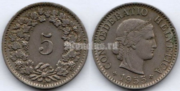 монета Швейцария 5 раппенов 1955 год