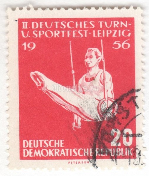 марка ГДР 20 пфенниг "Ring gymnastics" 1956 год Гашение