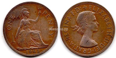 монета Великобритания 1 пенни 1963 год