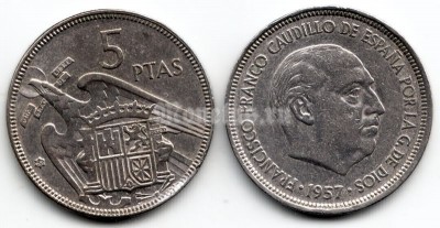 монета Испания 5 песет 1957 год XF