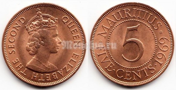 Монета Маврикий 5 центов 1969 год