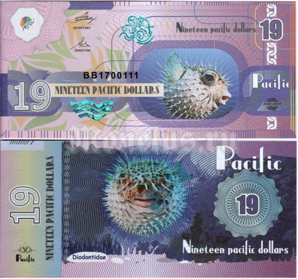 Тихий океан бона 19 долларов 2017 год. Июль. Рыба-еж/Diodontidae