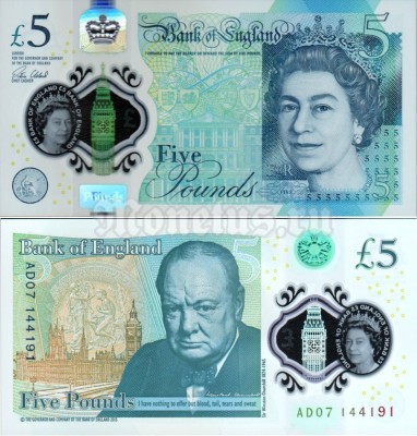 Банкнота Великобритания 5 фунтов 2015 год, пластик