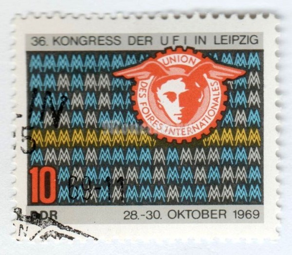 марка ГДР 10 пфенниг "Emblem of the UFI" 1969 год Гашение