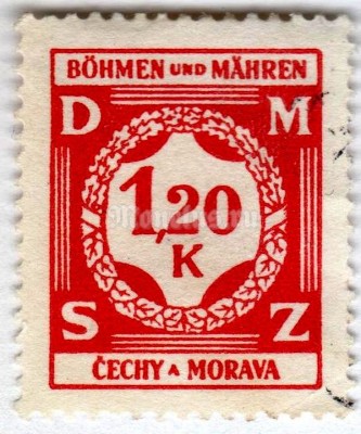марка Богемия и Моравия 1,20 кроны "Value in a laurel wreath" 1941 год Гашение