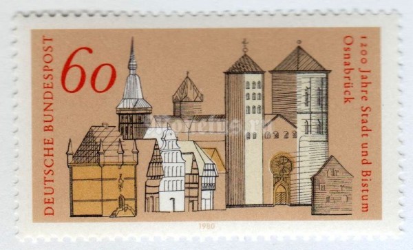 марка ФРГ 60 пфенниг "Town Hall, St. Mary's Church and St. Peter's Cathedral" 1980 год