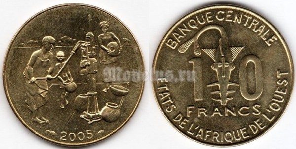 монета Западная Африка 10 франков 2005 год