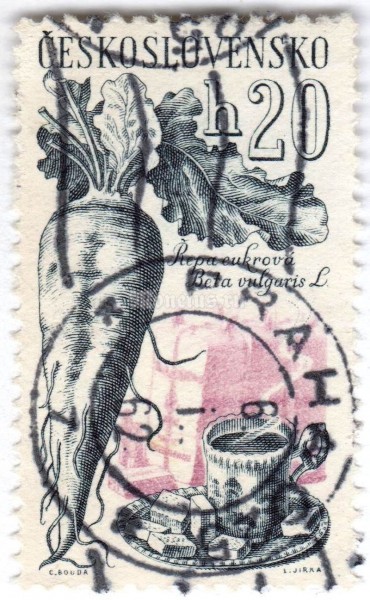 марка Чехословакия 20 геллер "Sugar beet, cup & saucer" 1961 год Гашение