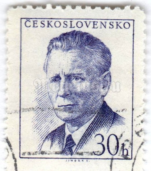 марка Чехословакия 30 геллер "Antonín Novotný (1904-1975), president" 1958 год Гашение