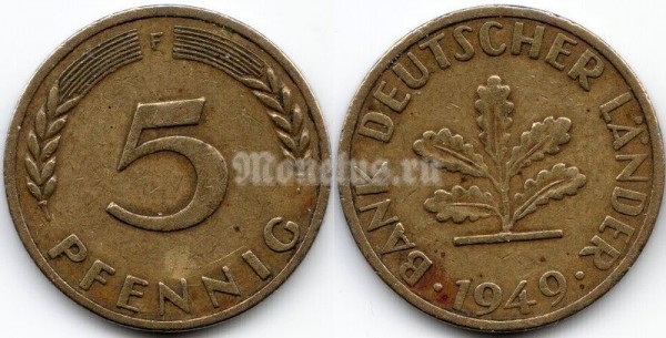 монета Германия 5 пфеннигов 1949 год F