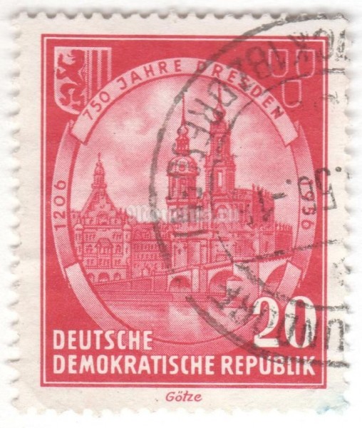 марка ГДР 20 пфенниг "Elbe bridge, castle tower and catholic court church" 1956 год Гашение