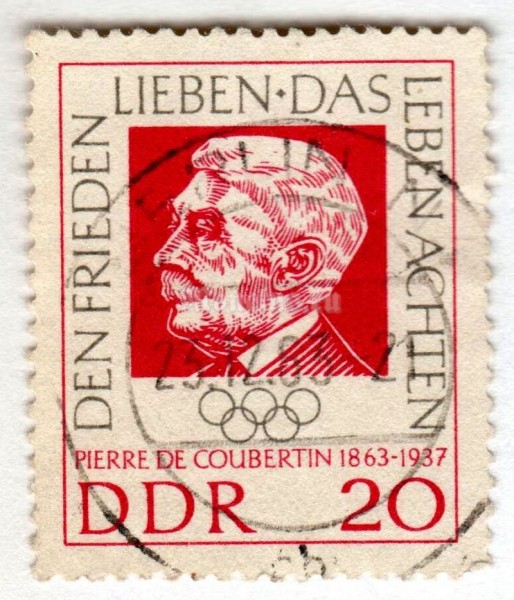 марка ГДР 20 пфенниг "Baron P. de Coubertin (1863 to 1937)" 1963 год Гашение