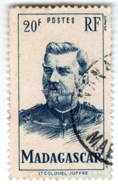 марка Мадагаскар 20 франков "Colonel Joffre (1852-1931)" 1946 год Гашение