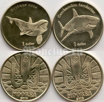 Остров Муреа набор из 2-х монет 1 доллар 2019 год - Косатка и Белая Акула