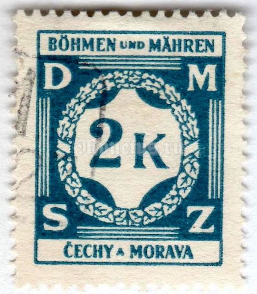 марка Богемия и Моравия 2 кроны "Value in a laurel wreath" 1941 год Гашение