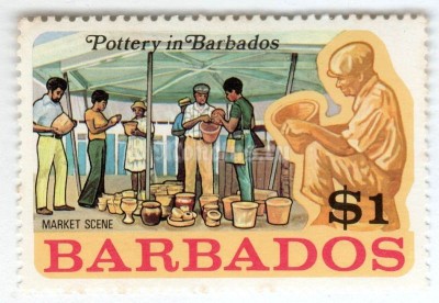 марка Барбадос 1 доллар "Pottery on sale" 1973 год