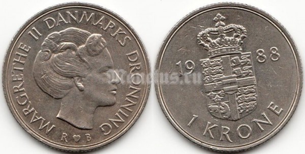 монета Дания 1 крона 1988 год