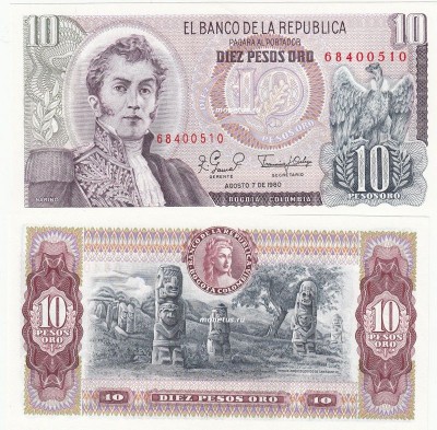 бона Колумбия 10 песо 1980 год