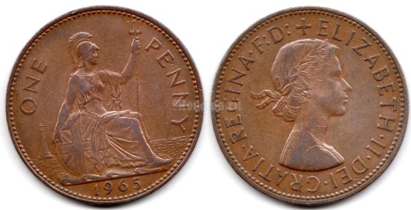 монета Великобритания 1 пенни 1965 год