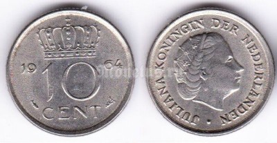 монета Нидерланды 10 центов 1964 год