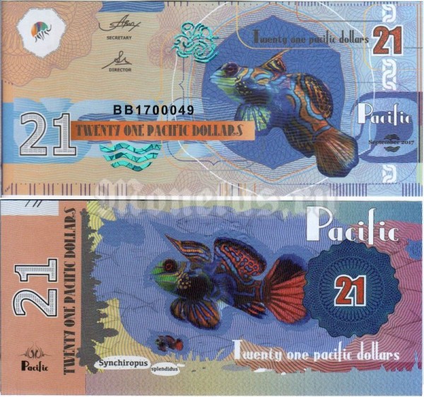 Тихий океан бона 21 доллар 2017 год. Сентябрь. Рыба Мандаринка/Synchiropus splendidus