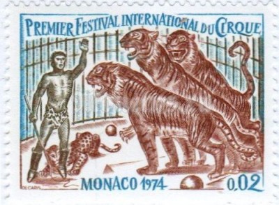 марка Монако 0,02 франка "Tiger (Panthera tigris), Leopard (Panthera pardus) - Dressag" 1974 год