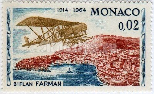 марка Монако 0,02 франка "Plane "Farman" over Monte Carlo" 1964 год